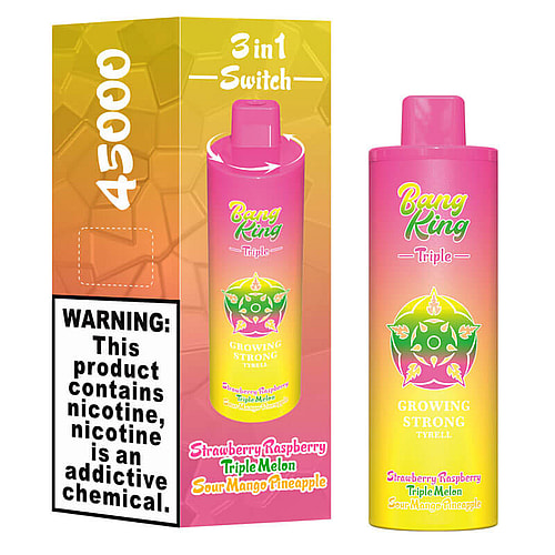 A colorful disposable vape packaging featuring the 'Bang King Triple' brand, with a pink and yellow gradient design and warning label, promoting flavors of Strawberry Raspberry, Triple Melon, and Sour Mango Pineapple.