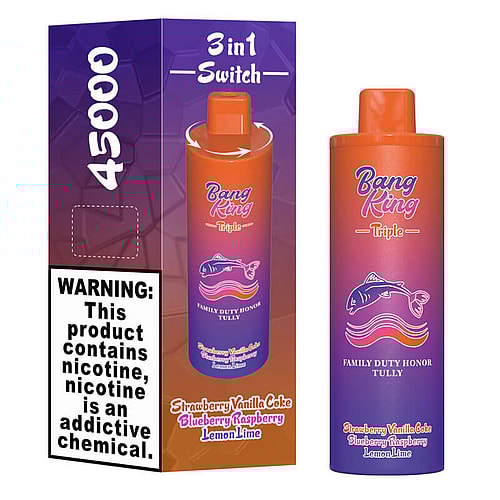 A colorful vape device labeled 'Bang King Triple' with flavors including Strawberry Vanilla Coke, Blueberry Raspberry, and Lemon Lime, set against a textured purple and orange background that features a fish graphic and a warning about nicotine.