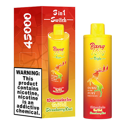 A colorful vape product packaging featuring a yellow cylindrical container labeled 'Bang King Triple' with three flavor options: Watermelon Ice, Red Bull, and Strawberry Kiwi, alongside a warning about nicotine on the left side.