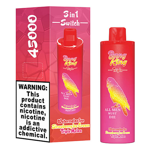 A colorful vape product packaging featuring the 'Bang King Triple' brand, adorned with a yellow and pink parrot illustration and labeled with flavor names including Watermelon Ice and Strawberry Ice Cream, alongside a warning about nicotine.