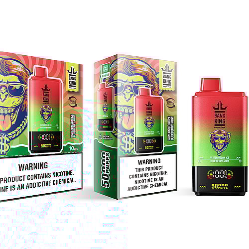 A colorful vape packaging featuring the Bang King brand, showcasing a bright design with a cartoon monkey head wearing sunglasses and gold chains, prominently displaying "50000 PUFFS" and flavor details such as "Watermelon Ice Blueberry Mint."