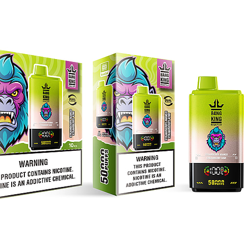 A product box and vaping device by Bang King featuring a vibrant gorilla graphic, highlighting flavors of Strawberry Mango and Strawberry Kiwi, with a warning label about nicotine addiction and a claim of 50,000 puffs.