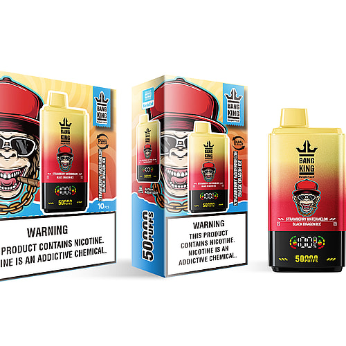 A colorful product display featuring two boxes of Bang King vape products labeled '50,000 PUFFS', with a cartoon monkey character in sunglasses and a red hat, highlighting flavors like 'Strawberry Watermelon Black Dragon Ice' and including cautionary nicotine warnings.