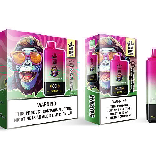 Uma embalagem colorida para um produto de vaporizador Bang King com gráficos vibrantes de um macaco usando óculos de sol, etiquetado com '50.000 PUFFS' e 'Morango, Melancia, Kiwi, Maracujá, Goiaba', junto com um aviso sobre o vício em nicotina.
