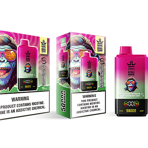 A colorful packaging for a Bang King vape product featuring vibrant graphics of a monkey wearing sunglasses, labeled with '50,000 PUFFS' and 'Strawberry Watermelon Kiwi Passion Fruit Guava', alongside a warning about nicotine addiction.