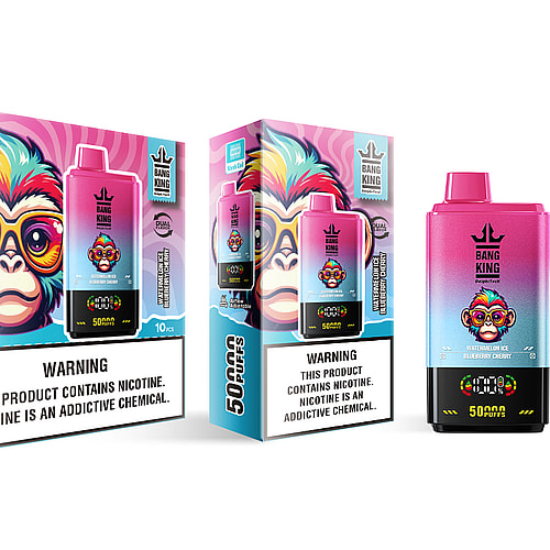 A colorful box and container of the Bang King vape product, featuring a vibrant design with a cartoonish monkey face and bold text stating '5000 PUFFS' and flavor details like 'Watermelon Ice Blueberry Cherry', alongside prominent nicotine warning labels.
