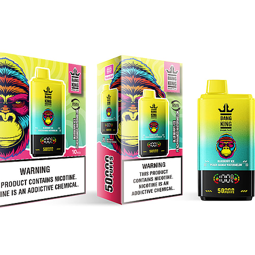 A brightly colored vaping product box featuring the brand name 'Bang King' and graphics of a colorful monkey face, with labels indicating flavors such as 'Blueberry Ice' and 'Peach Mango Watermelon'; also includes a bold warning about nicotine addiction.