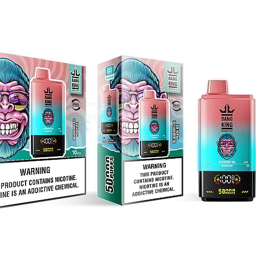 A colorful packaging design for a vaping product labeled 'Bang King,' featuring an illustration of a cartoon character's head, with prominent text stating '5000 PUFFS' and warnings about nicotine addiction, alongside product specifications and flavor descriptions such as 'Blueberry Ice Peach Ice.'