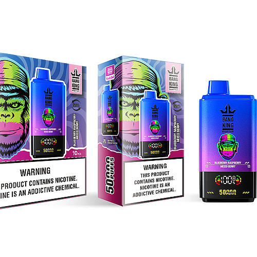 Two Bang King disposable vape boxes featuring a colorful monkey graphic, labeled "Blueberry Raspberry Mixed Berry" and "50,000 Puffs" on a vibrant background with warning labels about nicotine.