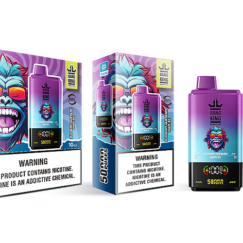 A colorful product display featuring two boxes of Bang King disposable vape pens, each prominently displaying a cartoon gorilla head with sunglasses and featuring labels indicating flavors like Blueberry Raspberry and Grape Ice, along with a warning about nicotine addiction.