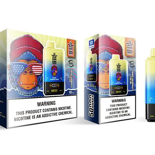 Uma exibição colorida de dois designs de embalagens de vaporizadores com um gorila de desenho animado usando óculos escuros vermelhos e um gorro vermelho, rotulado como "Bang King" e destacando o sabor "Red Bull Morango Banana" com avisos proeminentes sobre o vício em nicotina, juntamente com características do produto como "50.000 tragadas" e vários símbolos indicando especificações tecnológicas.