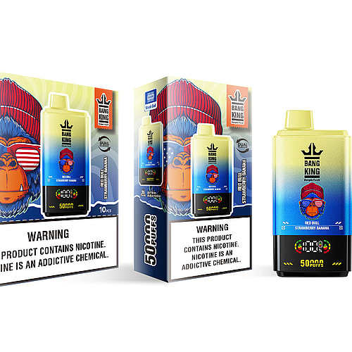 A colorful display of two vape packaging designs featuring a cartoon gorilla wearing red sunglasses and a red beanie, labeled "Bang King" and highlighting the flavor "Red Bull Strawberry Banana" with prominent warnings about nicotine addiction, alongside product features like "50,000 puffs" and various symbols indicating technology specifications.