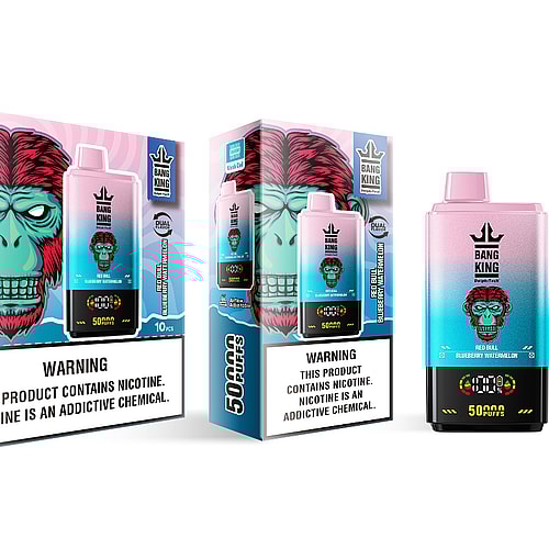 A colorful packaging design for a Bang King disposable vape, featuring a prominent graphic of a monkey's face, with the text '50,000 PUFFS' and flavor description 'RED BULL BLUEBERRY WATERMELON' visible, alongside health warning labels regarding nicotine addiction.