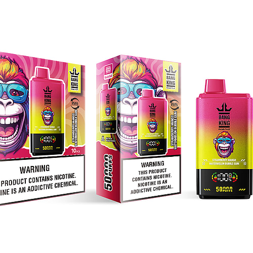 Colorful packaging for a vape product featuring a cartoon monkey with large glasses and bright colors, displaying the product name 'Bang King' along with flavor information and a warning about nicotine, accompanied by a vape device showing a digital puff counter.