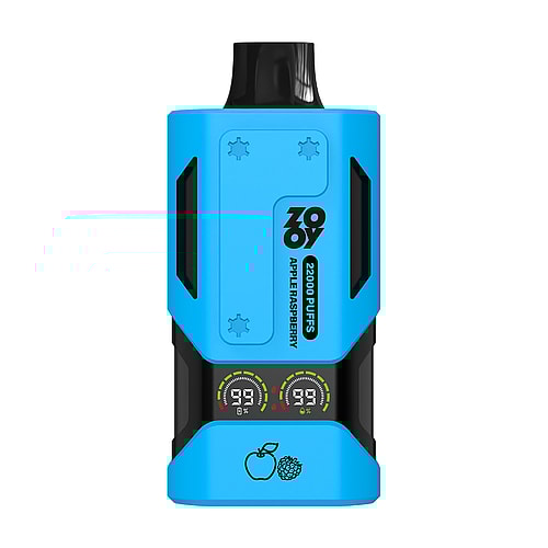 A bright blue disposable vape device labeled 'ZOY' with the flavor 'Apple Raspberry' and a capacity of 22,000 puffs, featuring two digital display screens for battery and puff count on the front panel.