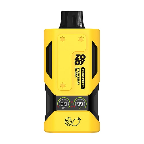 A bright yellow vaping device labeled 'ZOYO' with indicators for puff count and flavors, showcasing symbols for strawberry and mango, designed for 22,000 puffs.