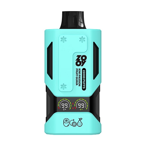 A turquoise vape device labeled 'ZOOY' featuring a design that indicates it provides 2000 puffs, with 'Kiwi, Passion Fruit, Guava' flavor notes, and dual digital display screens on the bottom showing battery levels.