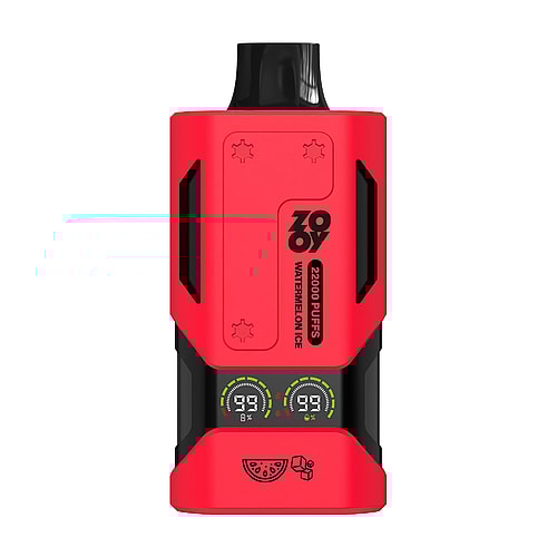 A red vape device labeled 'ZOZOY 22000 PUFFS WATERMELON ICE' featuring a rounded top, two circular battery life indicators, and icons of watermelon and ice cubes near the base.