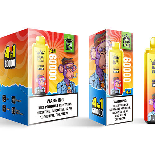 Un empaque colorido de un producto de vapeo que presenta un personaje de dibujos animados de un mono con gorra y gafas de sol, con la etiqueta 'BANG BLAZE 60000 4 en 1', con declaraciones de advertencia sobre la adicción a la nicotina en texto en negrita.