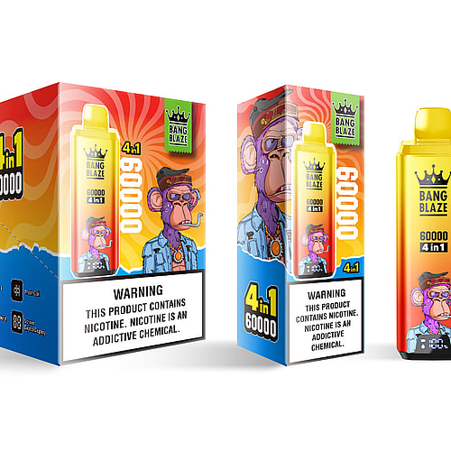 A colorful vaping product packaging featuring a cartoon monkey character wearing a cap and sunglasses, labeled 'BANG BLAZE 60000 4 in 1', with warning statements about nicotine addiction in bold text.