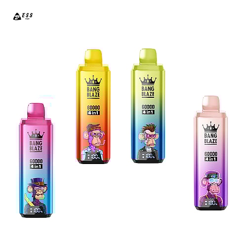 A collection of four colorful vape devices labeled 'BANG BLAZE 60000 4 in 1', featuring cartoon monkey designs on their faces; the devices are arranged left to right with a pink, yellow, green, and light pink variant showcasing gradient color schemes.