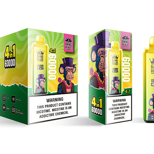 Un paquete de colores brillantes del dispositivo de vapeo Bang Blaze 4 en 1, que presenta un mono de dibujos animados con un sombrero de copa y gafas de sol, acompañado de una etiqueta de advertencia prominente sobre la nicotina; el paquete muestra un texto en negrita que indica '60000' y las especificaciones del producto.