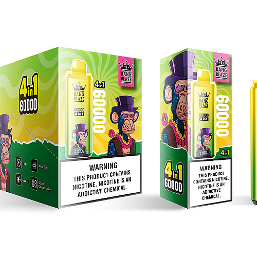 A brightly colored package of the Bang Blaze 4-in-1 vape device, featuring a cartoon monkey wearing a top hat and sunglasses, accompanied by a prominent warning label about nicotine; the package displays bold text indicating '60000' and the product specifications.