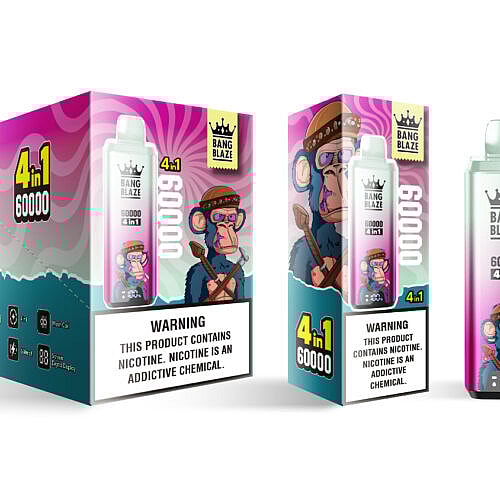 Un empaque colorido de un producto de vapeo Bang Blaze, en el que se destaca un personaje de dibujos animados de un mono con gafas y sombrero, con el texto '4 en 1 60000' y una advertencia sobre la adicción a la nicotina.