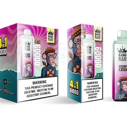 A colorful packaging of a Bang Blaze vape product, prominently featuring a cartoon monkey character wearing glasses and a hat, with the text '4 in 1 60000' and a warning about nicotine addiction.