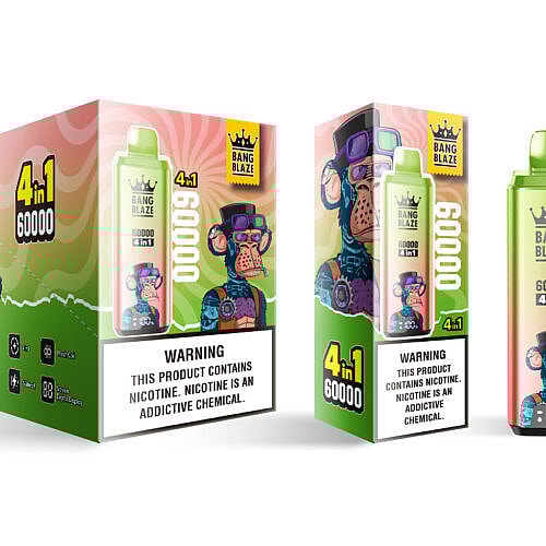 Una caja de colores brillantes y un dispositivo de vapeo con la etiqueta 'BANG BLAZE 60000 4 en 1', que presenta un mono de dibujos animados ilustrado con un sombrero de copa y gafas de sol en el paquete, con etiquetas de advertencia sobre el contenido de nicotina claramente visibles.