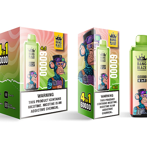 A brightly colored box and vape device labeled 'BANG BLAZE 60000 4 in 1,' featuring an illustrated cartoon monkey wearing a top hat and sunglasses on the packaging, with warning labels about nicotine content clearly visible.