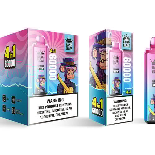 Un diseño de empaque colorido para un producto de vapeo, que presenta el personaje de dibujos animados de un elegante mono con sombrero de copa y gafas de sol, etiquetado como '4 en 1 60000' con una advertencia destacada sobre la nicotina.