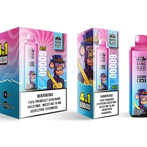 A colorful packaging design for a vaping product, featuring the cartoon character of a stylish monkey wearing a top hat and sunglasses, labeled '4 in 1 60000' with a prominent warning about nicotine.