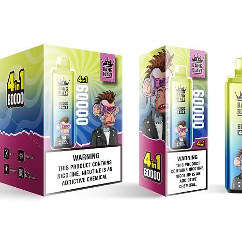 Una caja y una botella coloridas del producto de vapeo Bang Blaze, que presenta un mono de dibujos animados con gafas de sol y una chaqueta de cuero, con un texto destacado que dice "4 en 1 60000" y una advertencia sobre que la nicotina es una sustancia química adictiva.