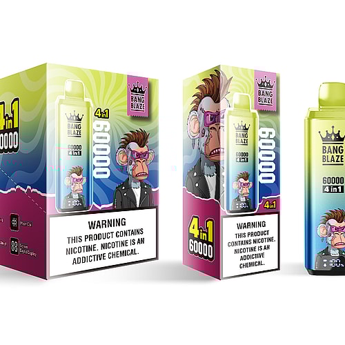 A colorful box and bottle of Bang Blaze vaping product, featuring a cartoon monkey wearing sunglasses and a leather jacket, with prominent text stating '4 in 1 60000' and a warning about nicotine being an addictive chemical.
