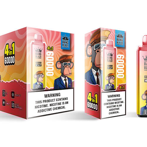 Una caja de embalaje colorida y un dispositivo de vapeo desechable con la etiqueta 'BANG BLAZE 4 en 1 60000' que presenta un personaje de mono de dibujos animados que usa gafas de sol y un traje, con etiquetas de advertencia sobre la adicción a la nicotina que se muestran de manera destacada tanto en la caja como en el vapeo.