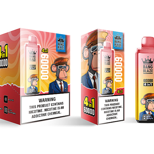 A colorful packaging box and disposable vape device labeled 'BANG BLAZE 4 in 1 60000' featuring a cartoon monkey character wearing sunglasses and a suit, with warning labels about nicotine addiction displayed prominently on both the box and the vape.