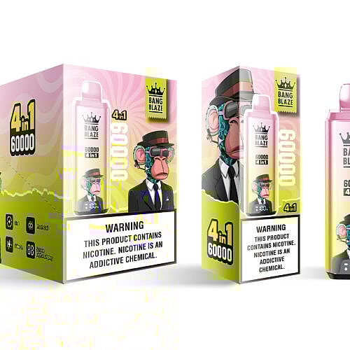 Un producto de vapeo Bang Blaze 4 en 1 presentado en una caja colorida que presenta un mono de dibujos animados con traje y gafas de sol, con destacadas etiquetas de advertencia sobre la adicción a la nicotina y un gráfico del dispositivo en el lateral.