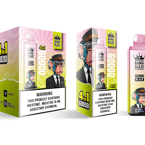 A 4-in-1 Bang Blaze vape product displayed in a colorful box featuring a cartoon monkey in a suit and sunglasses, with prominent warning labels about nicotine addiction and a graphic of the device on the side.