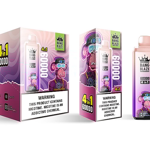 A colorful packaging design for Bang Blaze with a cartoon monkey wearing sunglasses, indicating a capacity of 60,000 and features '4 in 1,' and a warning about nicotine addiction on the front, with a product on display beside it.