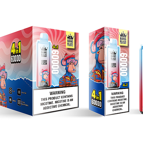 A colorful product packaging for Bang Blaze featuring a cartoon monkey character in a red and blue outfit, labeled '4 in 1 60000,' with a warning about nicotine addiction displayed prominently on both sides.