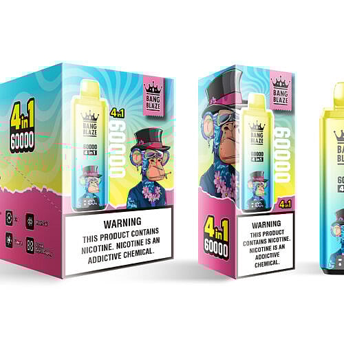 La imagen muestra un empaque colorido del producto de vapeo desechable de Bang Blaze, resaltando la característica "4 en 1" con un mono de dibujos animados con un sombrero de copa y gafas de sol, junto con una advertencia sobre la adicción a la nicotina.