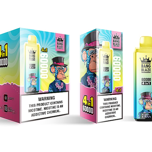 The image features a colorful packaging of Bang Blaze's disposable vape product, highlighting the '4 in 1' feature with a cartoon monkey wearing a top hat and sunglasses, alongside a warning about nicotine addiction.