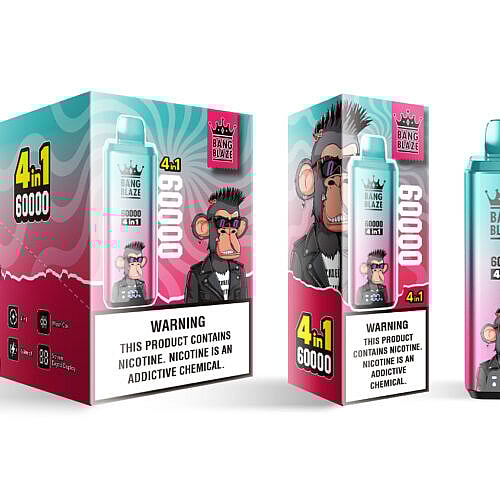 Una caja de presentación colorida y un dispositivo de vapeo con la etiqueta "Bang Blaze 60000 4-en-1" que presenta un personaje de dibujos animados de un mono con gafas de sol, un peinado con puntas y una chaqueta de cuero negra, junto con etiquetas de advertencia sobre la adicción a la nicotina.