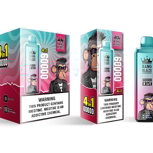 A colorful display box and vape device labeled "Bang Blaze 60000 4-in-1" featuring a cartoon monkey character with sunglasses, a spiked hairstyle, and a black leather jacket, alongside warning labels about nicotine addiction.
