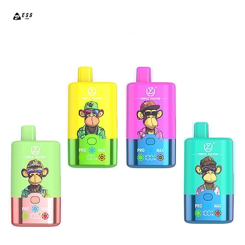 Four colorful vape pens featuring cartoon monkey designs, each labeled with 'TRIPLE FLAVOR' and varying color schemes, including green, yellow, pink, and blue.
