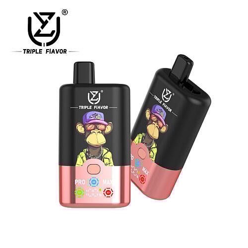 Two disposable vape devices with a cartoon monkey graphic wearing sunglasses and a purple cap, featuring a black upper section and a pink lower section with a control button and battery indicator lights indicating flavor modes.