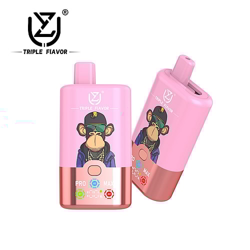 Two pink vaping devices featuring a cartoon monkey in sunglasses and a chain, with control buttons indicating 'PRO' and 'MAX' settings, showcasing a modern and vibrant design.