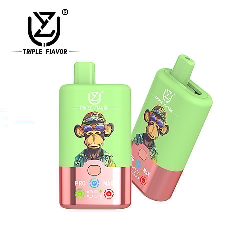 Two green vaping devices with a cartoon monkey wearing sunglasses on the front, featuring buttons labeled 'PRO' and 'MAX' and indicator lights.
