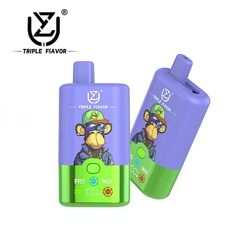Two colorful disposable vape devices branded 'Triple Fiavor', featuring a cartoon monkey wearing sunglasses and a cap, with a neon green bottom and blue top, indicating settings for 'PRO' and 'MAX'.